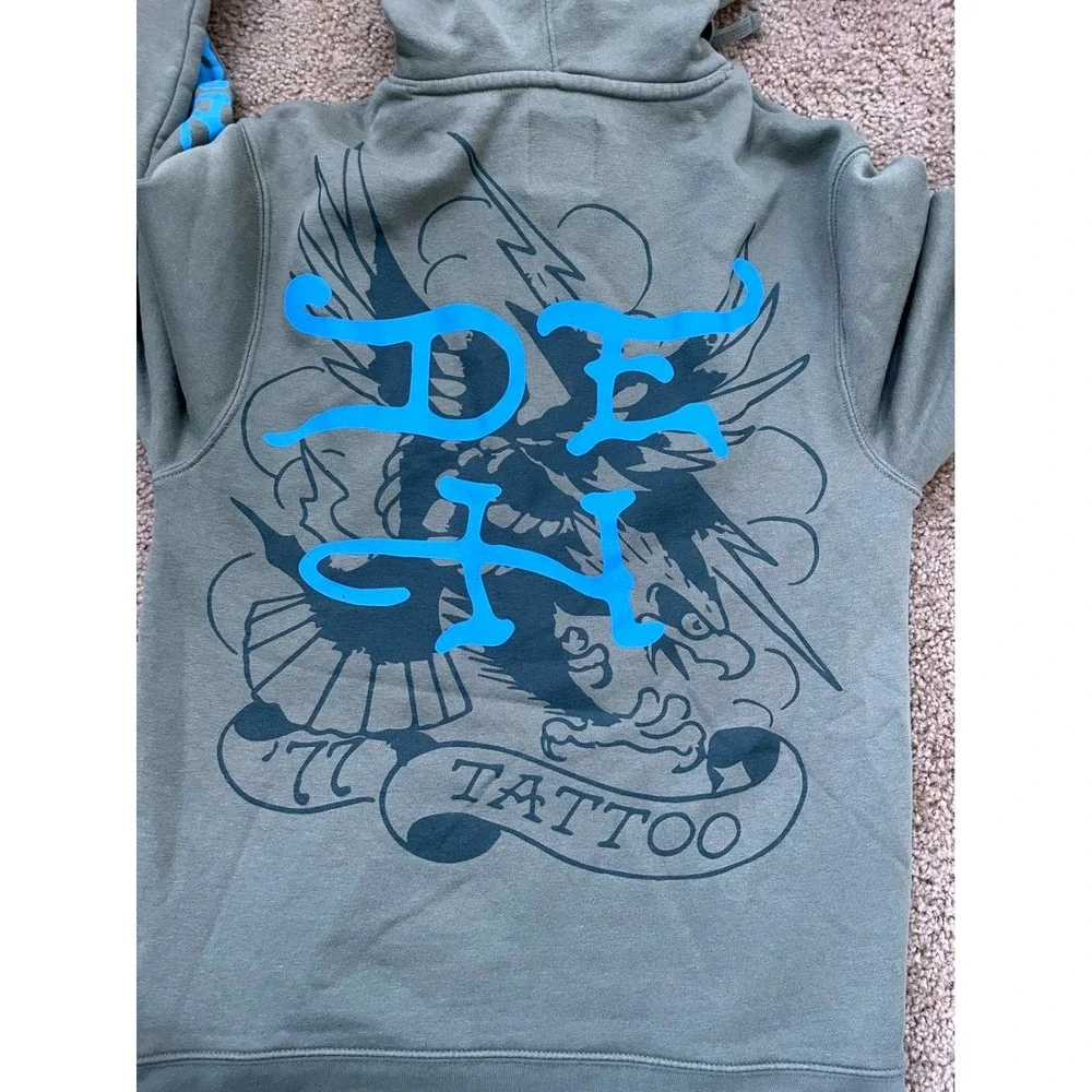 Y2K Ed Hardy Mens Small Green Panther Tattoo Graphic Hoodie‎ Sweatshirt
